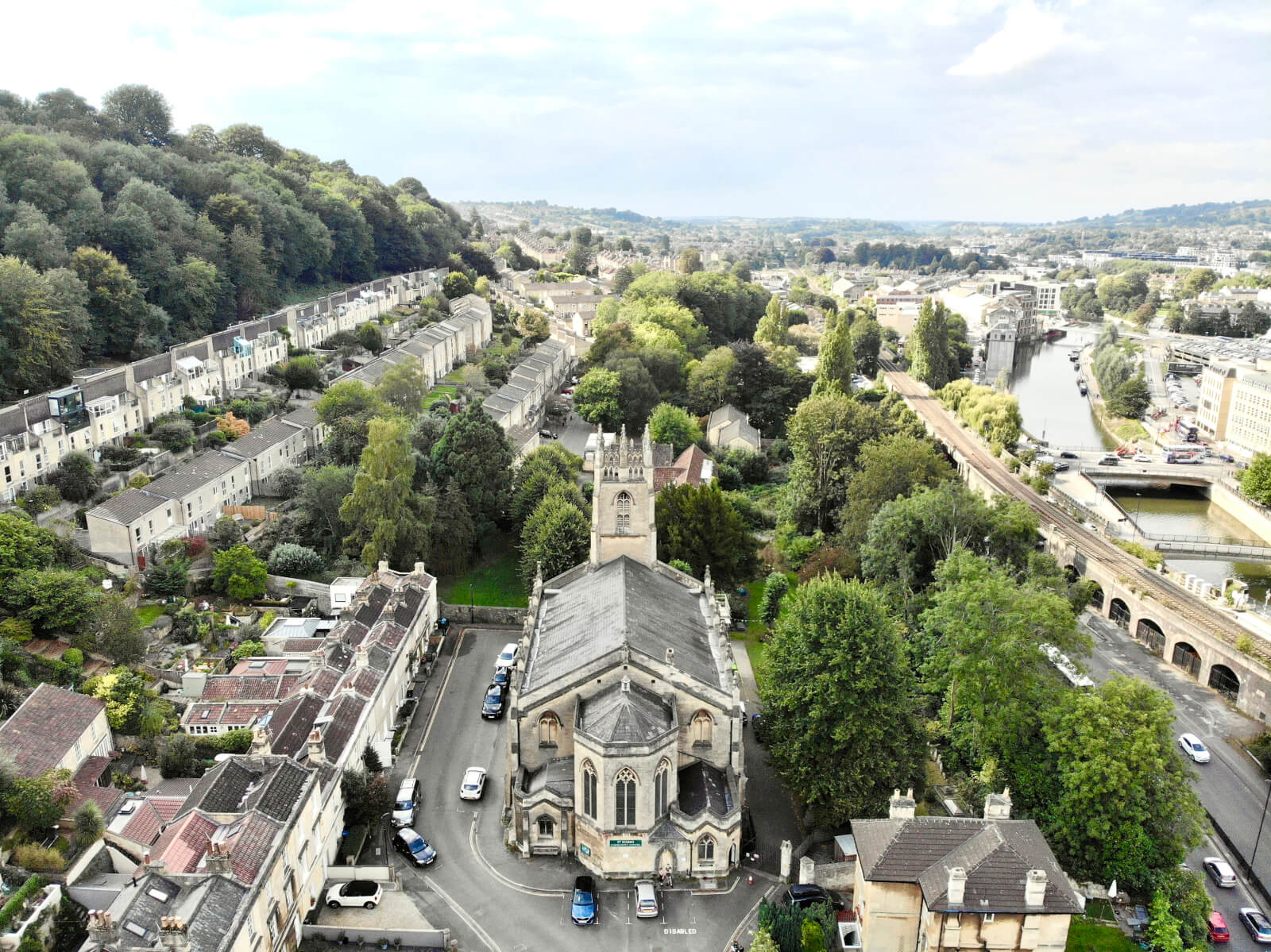 Wide aerial view of St Marks and the city of Bath